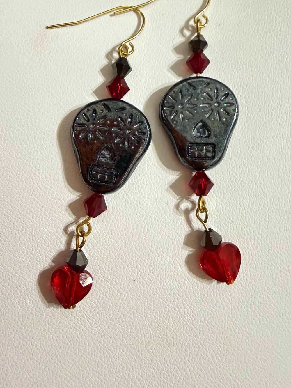 Czech Glass Sugar Skull Earrings with Red & Black Crystal Accents - koreanna